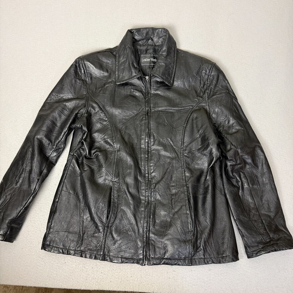 Leather Works Genuine Leather Black Zip Front Jacket Women’s Patchwork Style